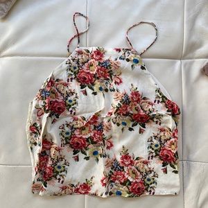 UO Pins & Needles Floral Lace Back Halter Crop Top